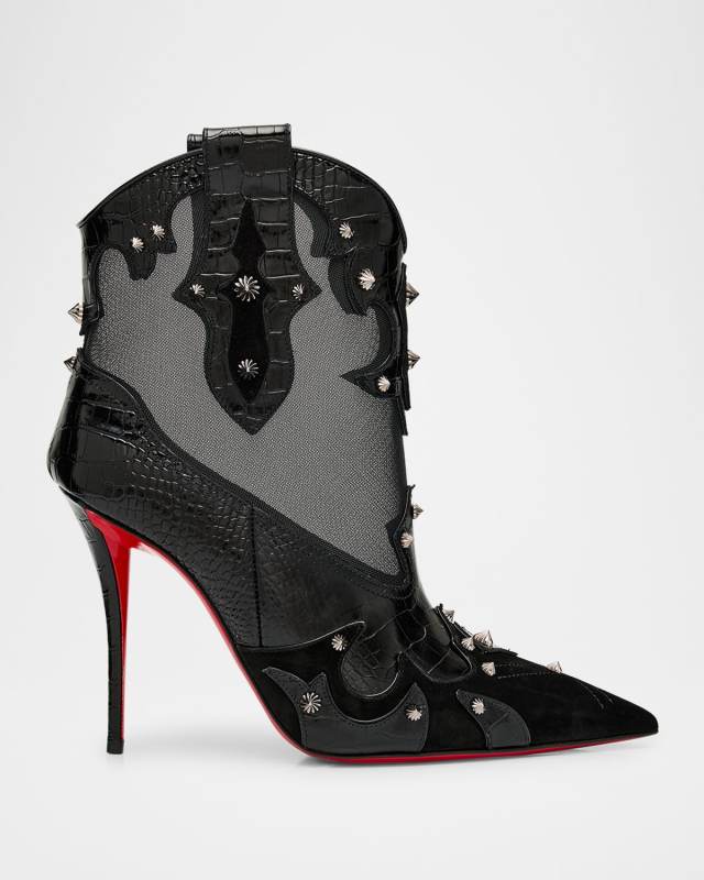 Bootytiag Croc-Embossed Leather and Mesh Red Sole Western Booties